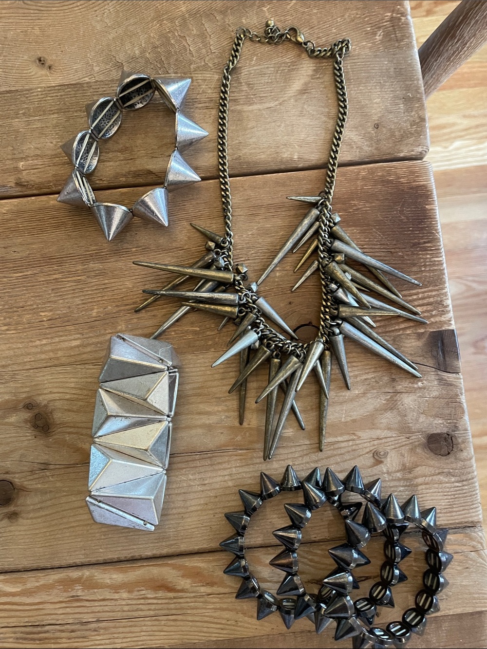 Spike Statement Necklace and Matching Stud Bracelets - Metallic Tones